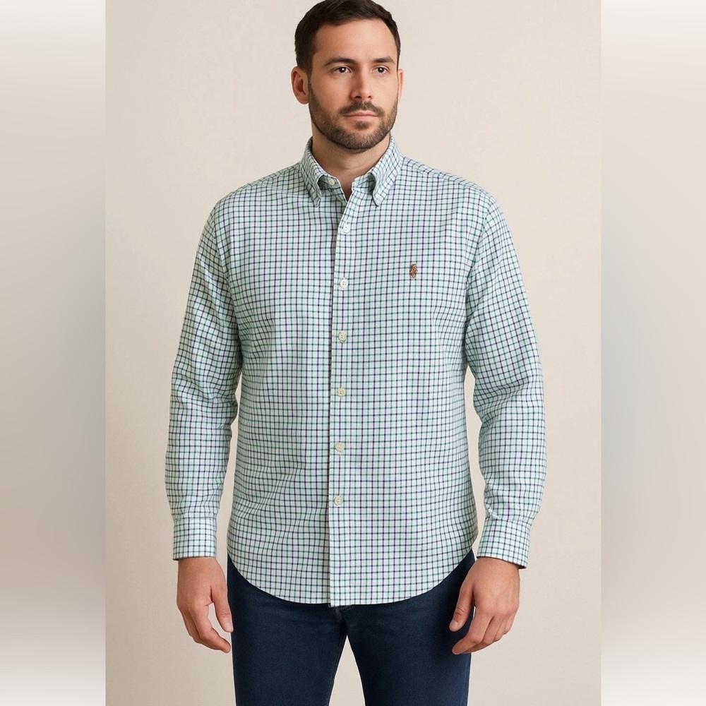 Ralph Lauren XL Button Down Shirt Green Blue Check Plaid Long Sleeve Classic Fit